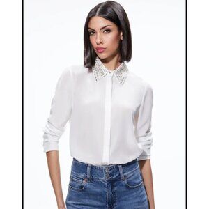 Alice & Olivia Willa embellished Collared Silk Top Sz M